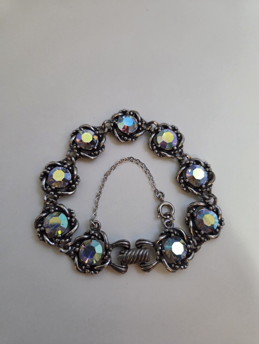 Coro AB Bracelet Aurora Borealis Rhinestone Rosette 9 Stone 7" Vintage
